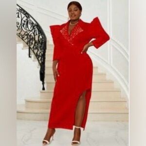 Pre-Loved Red Midi Dress with Embellished V-Neck, Puff Sleeve & Side Slit